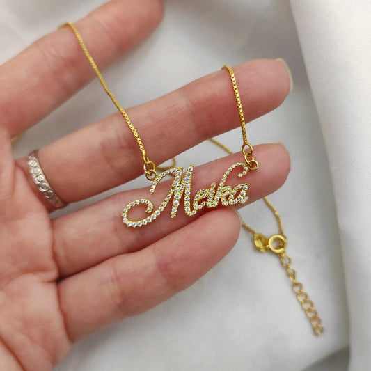 Crystal 18K Gold Plated Name Necklace Custom Bling Full Zircon Nameplate Necklace S925 Name Pendent Jewelry for Women Gifts
